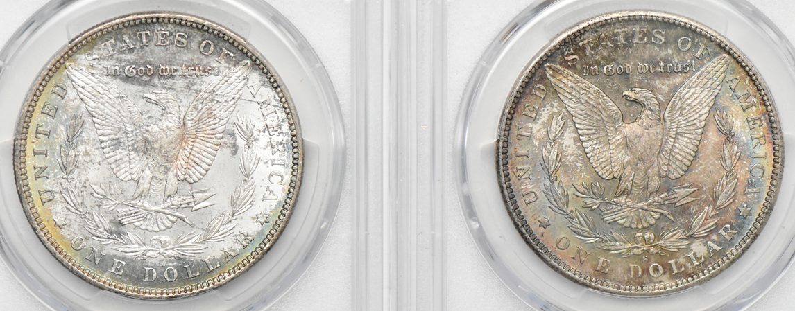 Five beautifully toned Uncirculated Morgan dollars, all PCGS