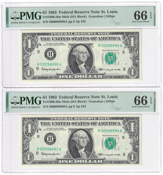 Five sequential 1963 $1 St. Louis Fr# 1900-Hm ending with serial number H00100000A- Four GemCU-66 EPQ, and one ChCU-6 EPQ