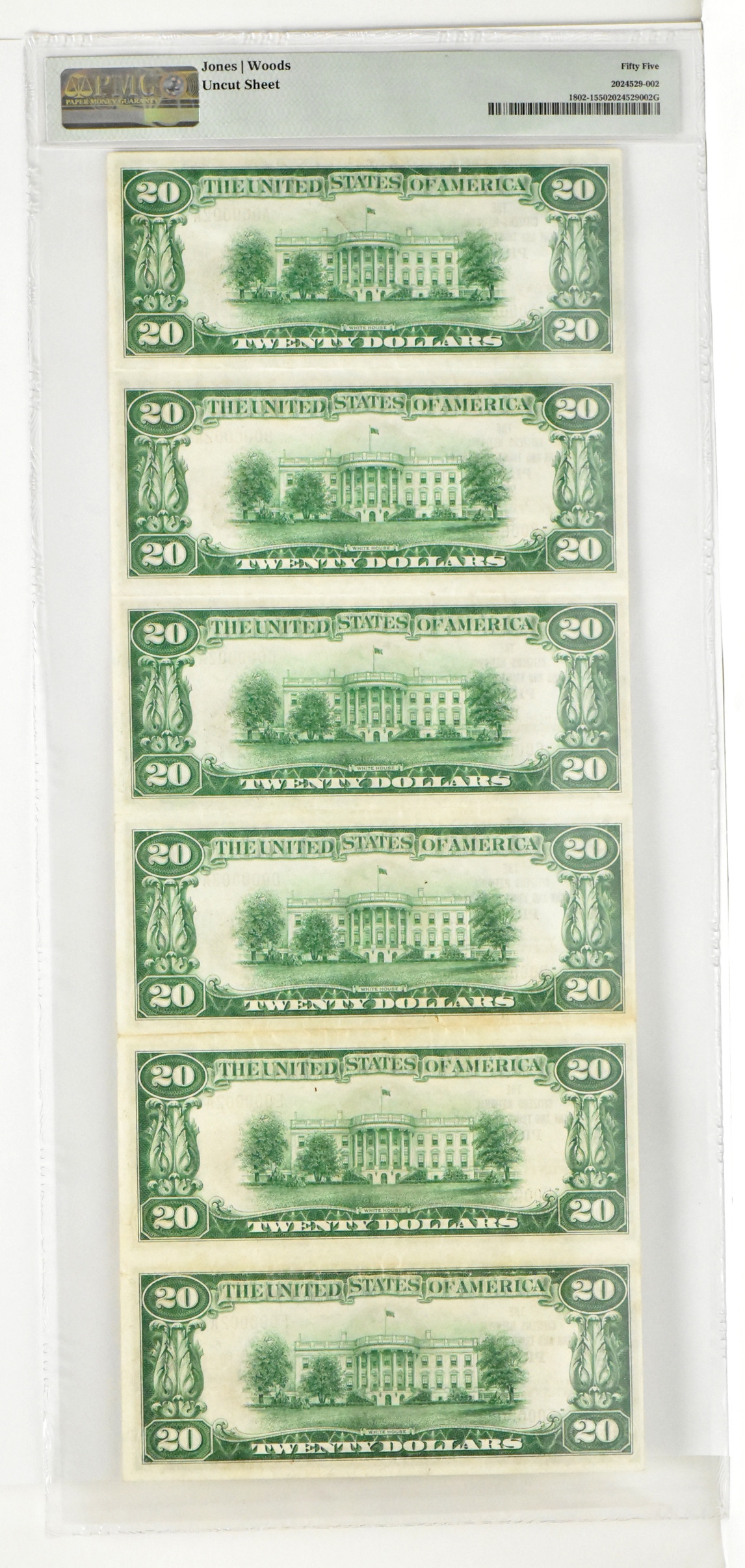 Uncut sheet of six serial number 2 1929 $20 Type 1 - Piqua, OH Charter #1060 - PMG AU-55