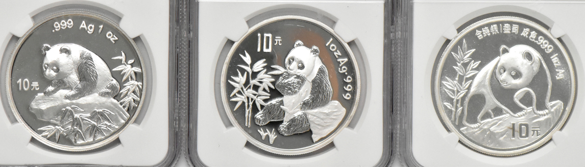 China - three 1oz silver Panda, plus a 5oz silver medals