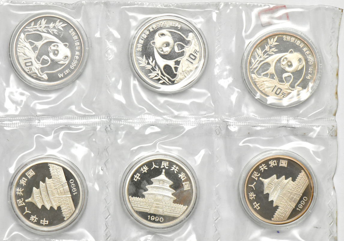 China - Uncut sheet of ten 1990 sm. date 1oz silver Panda 10 yuan