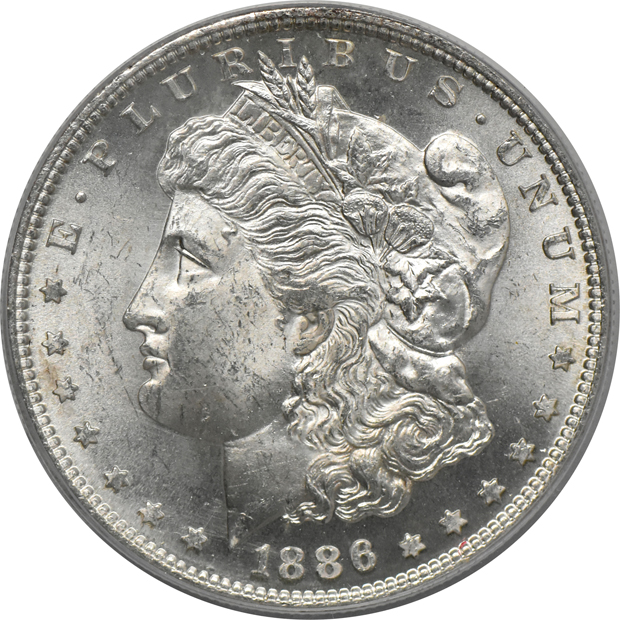1885-S (green label), and an 1886-S, both PCGS MS-64