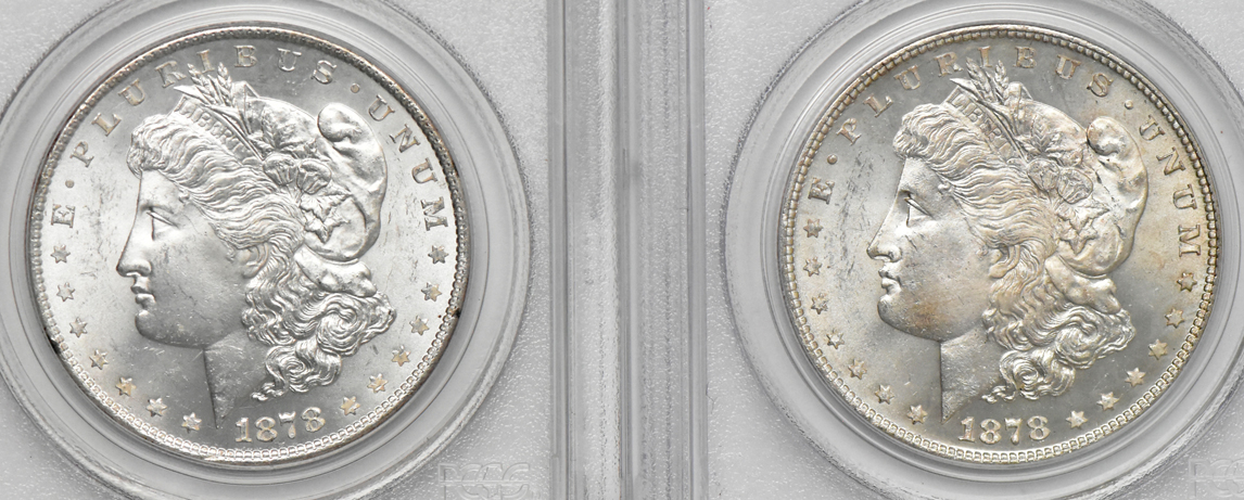 Five Morgan dollars, all PCGS MS-64 (green label)