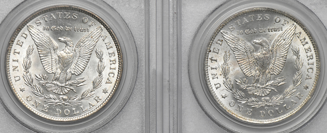 Five Uncirculated Morgan dollars, all PCGS (green label)