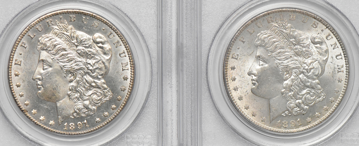 Five Uncirculated Morgan dollars, all PCGS (green label)