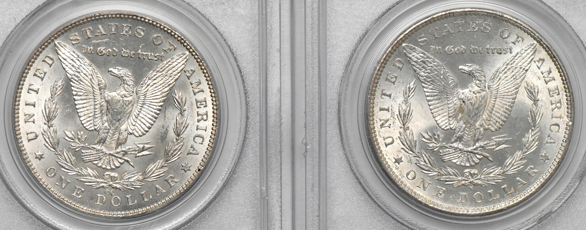 Five Uncirculated Morgan dollars, all PCGS (green label)