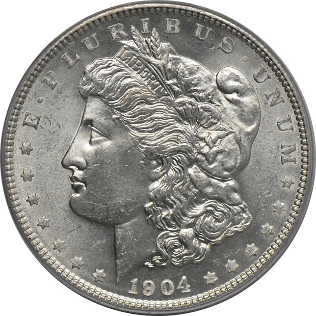 Five Uncirculated Morgan dollars, all PCGS (green label)