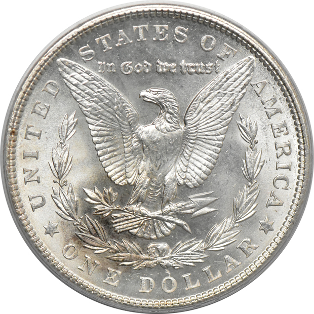 Five Uncirculated Morgan dollars, all PCGS (green label)