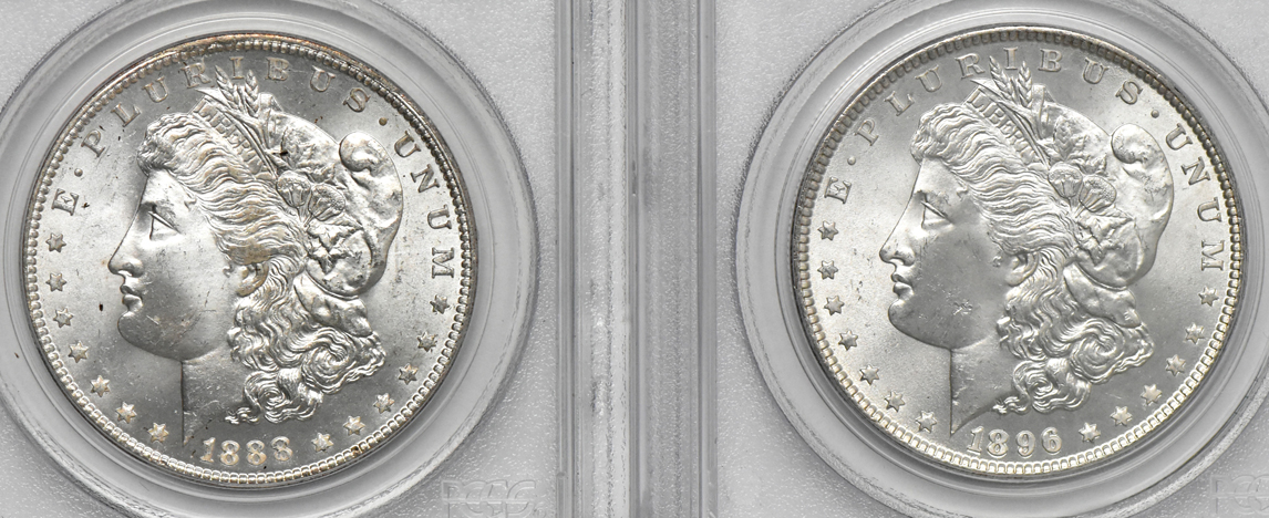 Seven Morgan dollars, all PCGS MS-65 (green label)