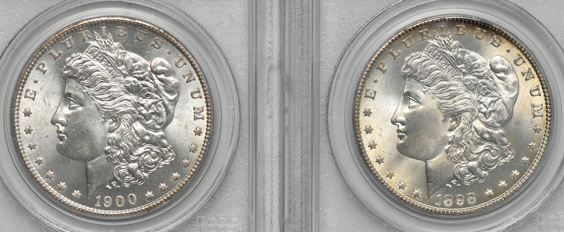 Seven Morgan dollars, all PCGS MS-65 (green label)