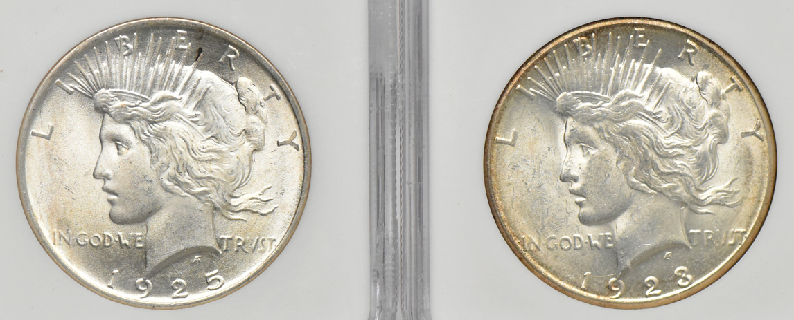 Four Uncirculated Peace dollars certified by NGC