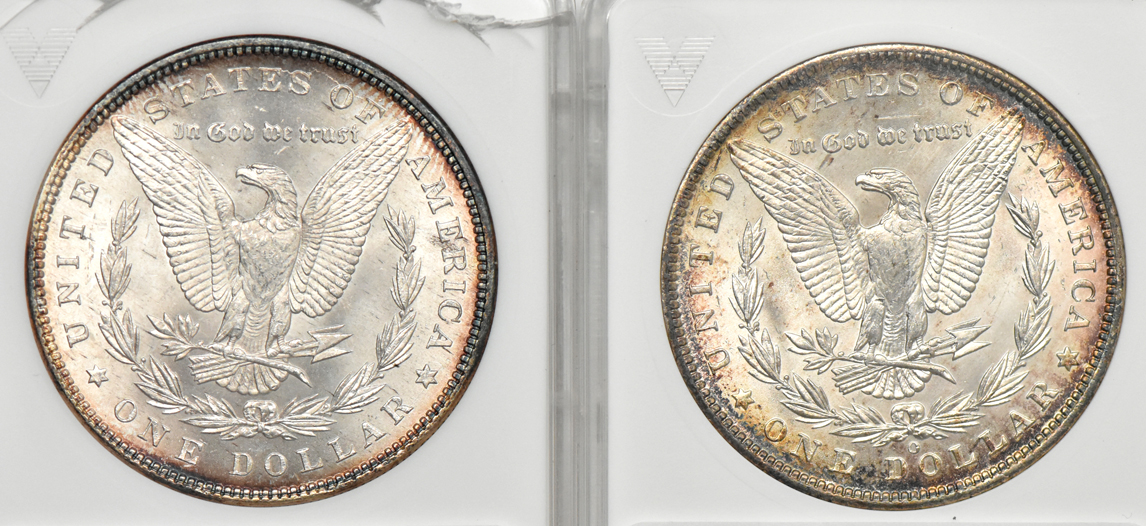 Six Uncirculated Morgan dollars certified by ANACS