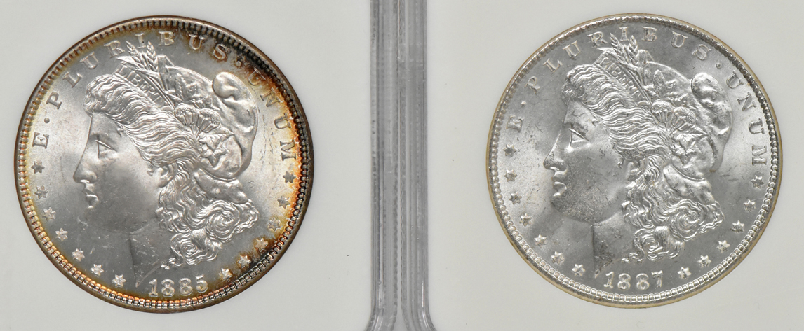 Seven certified Gem Uncirculated Morgan dollars