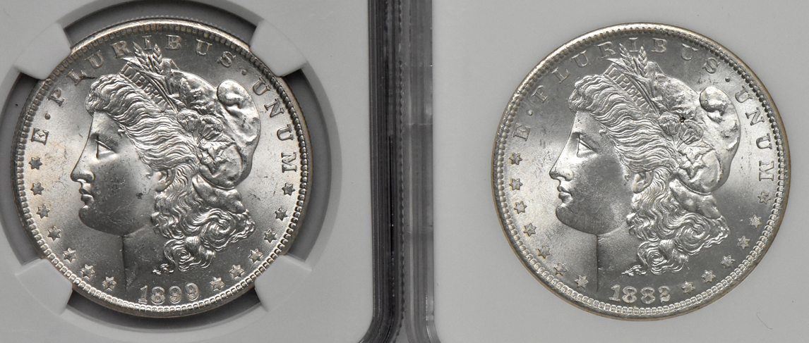 Seven certified Gem Uncirculated Morgan dollars