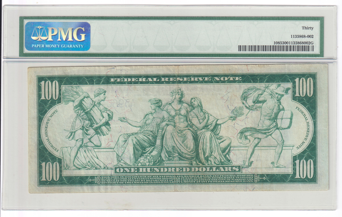 1914 $100 Boston Blue Seal Fr# 1085 - PMG VF-30