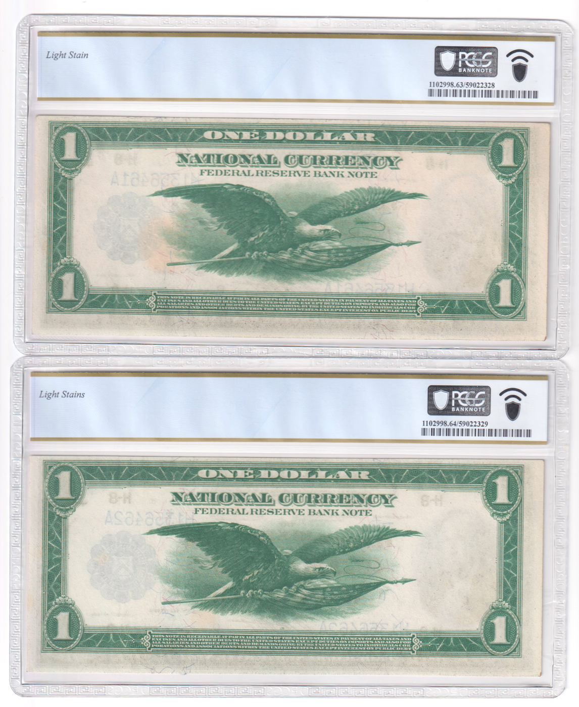 The sequential 1918 $1 St. Louis Fr# 730 - PCGS ChCU-63/light stains and two ChCU-64/light stains