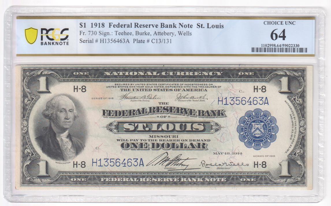 The sequential 1918 $1 St. Louis Fr# 730 - PCGS ChCU-63/light stains and two ChCU-64/light stains