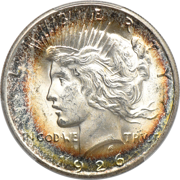 1883-CC Morgan dollar MS-65, and a 1926-S Peace dollar MS-64+, both PCGS