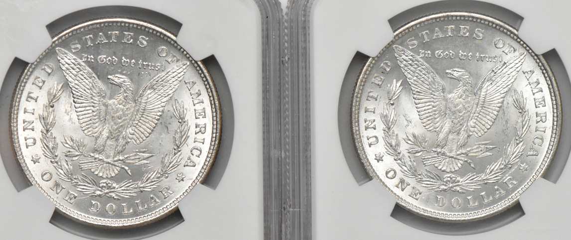 Five 1878 8TF Uncirculated Morgan Dollars certified by NGC