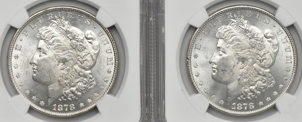 Five 1878 8TF Uncirculated Morgan Dollars certified by NGC