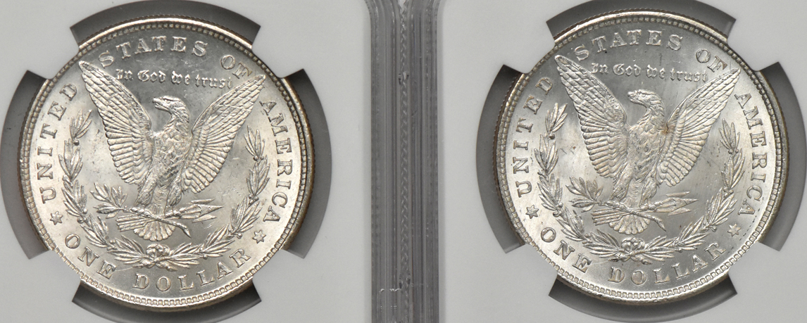 Five 1878 8TF Uncirculated Morgan Dollars certified by NGC