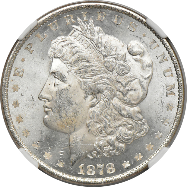 Five 1878 8TF Uncirculated Morgan Dollars certified by NGC