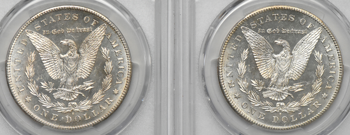 Four 1878-S Uncirculated Morgan dollars, all PCGS