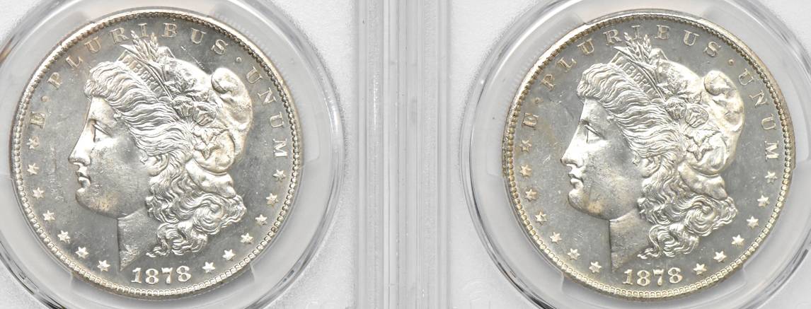 Four 1878-S Uncirculated Morgan dollars, all PCGS