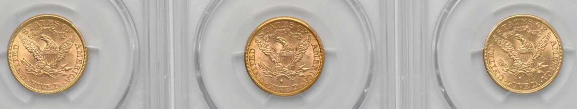 Five Liberty Head half eagles, all PCGS MS-62