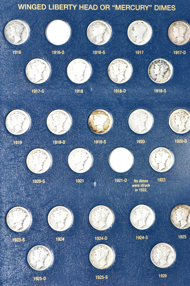 Nearly complete collection of Mercury dimes, missing only overdates, in a Whitman 9118 album (1916-D PCGS Good-r, and 1921-D PCGS Good-6)