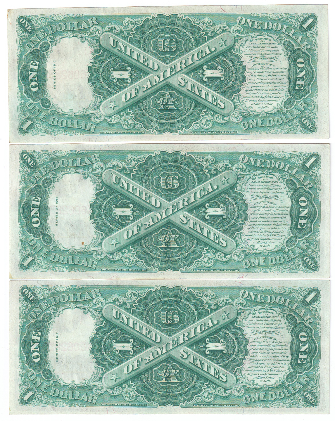 Run of three 1917 $1 - XF