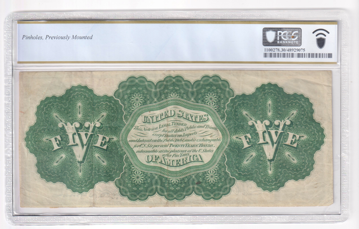 1862 $5 Fr# 61b - PCGS VF-30/pinholes/previously mounted