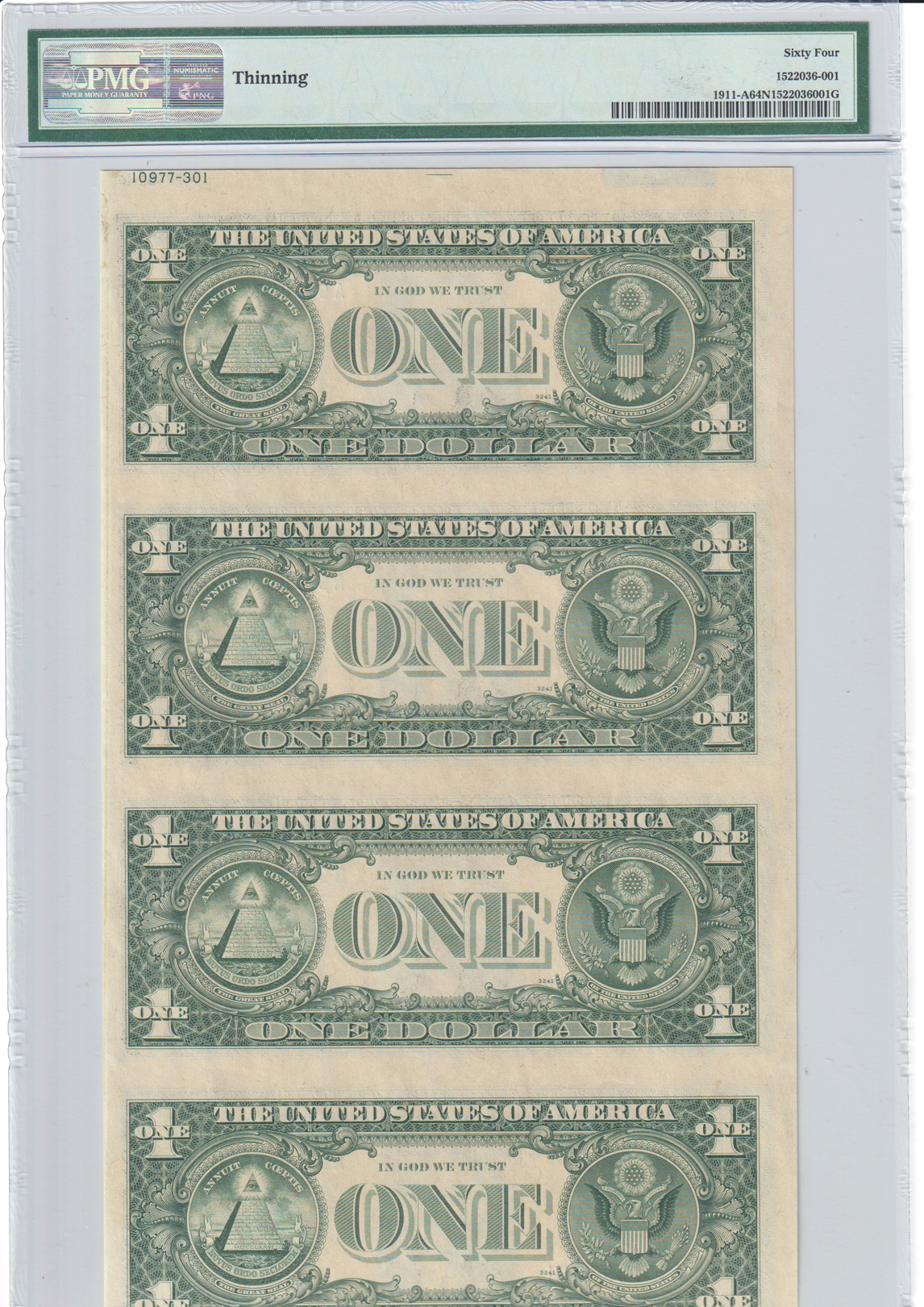 Uncut sheet of four 1981 $1 Boston Fr# 1911-A - PMG ChCU-64/thinning