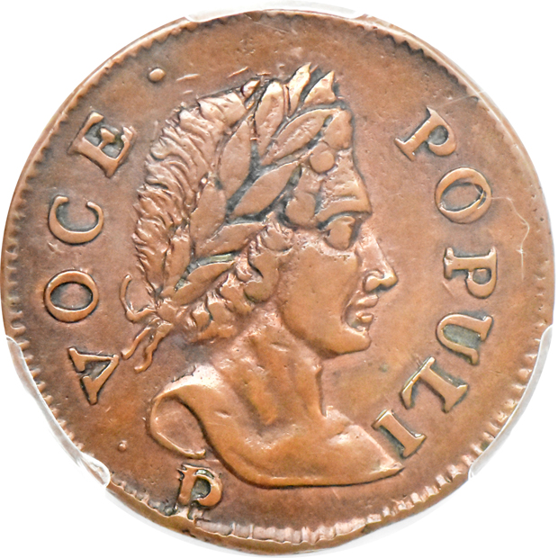 1760 1/2 pence Voce Populi, P Below Bust PCGS XF-40
