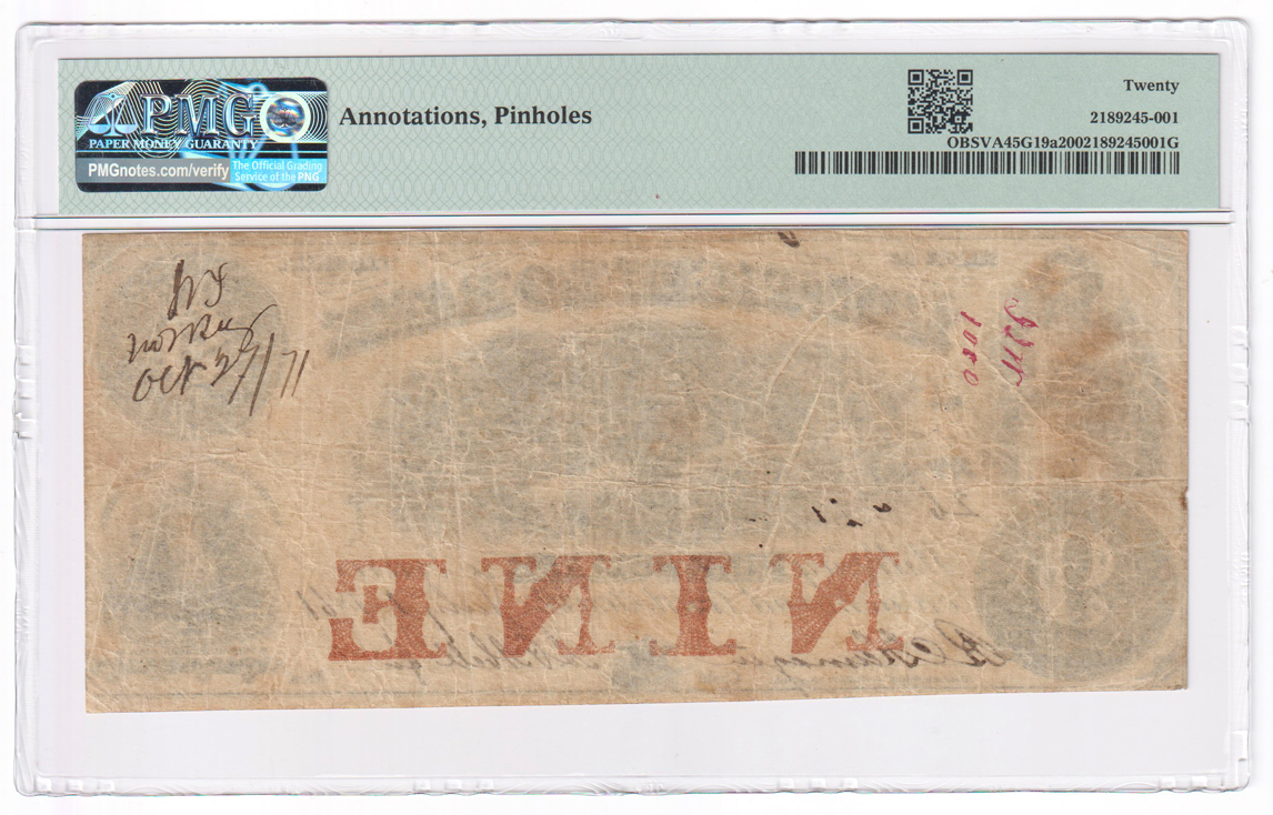 $9 Obsolete - 1861 Virginia "holy grail" Monticello PMG VF-20/annotations/pinholes