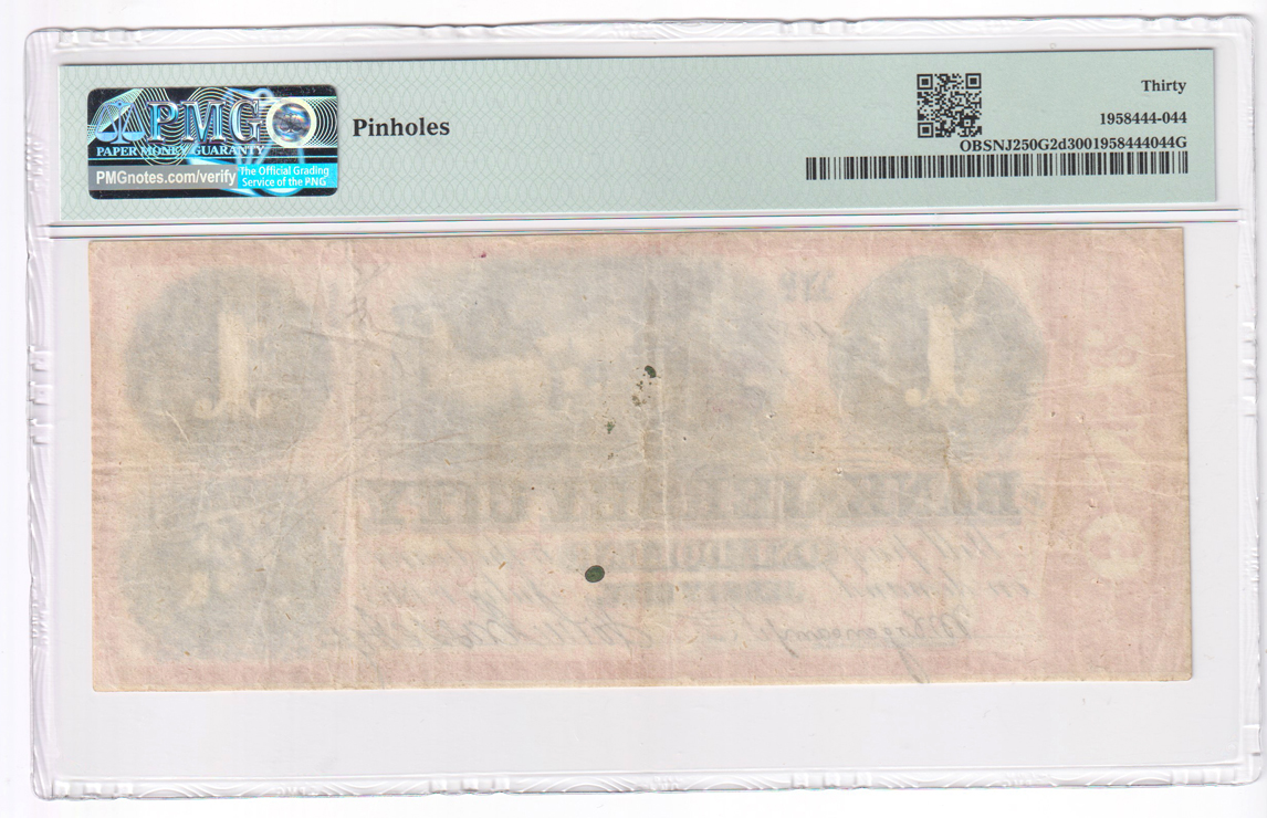 $1 Obsolete - 1863 Bank of Jersey City, New Jersey PMG VF-30/pinholes