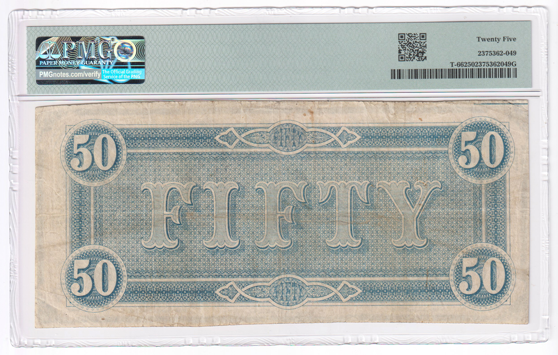 $50 Confederate - 1864 Serial Number 5 Jefferson Davis PMG VF-25