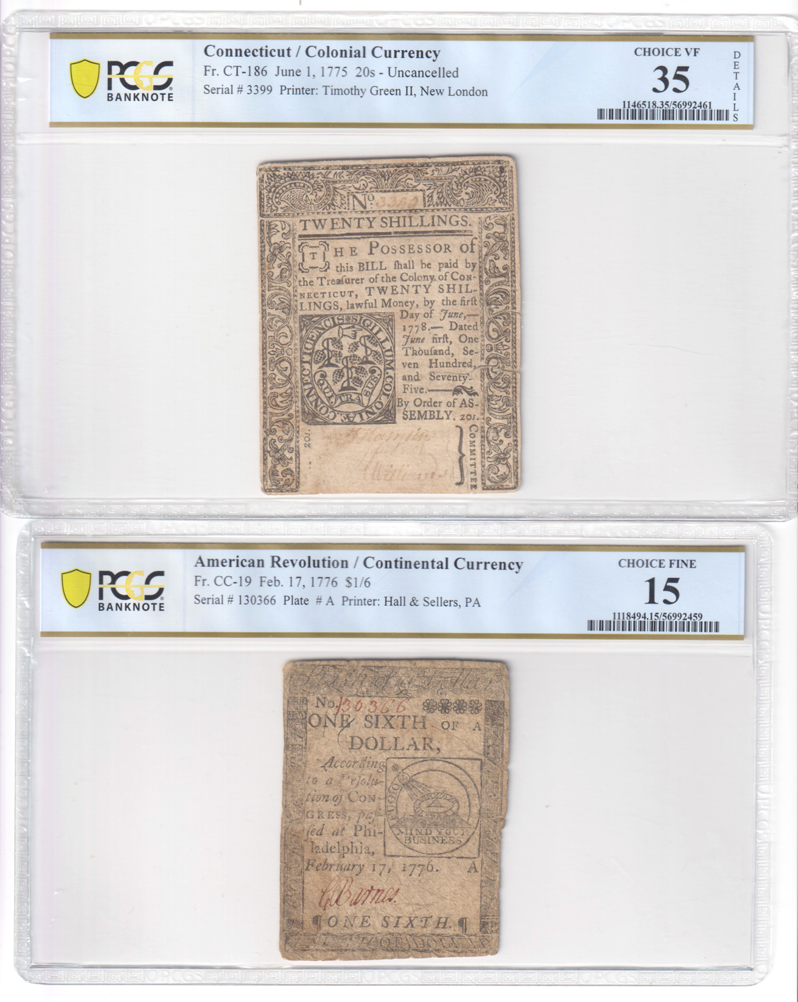 Group of nine Continental notes certified by PCGS
