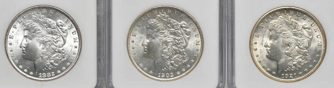 Six Morgan dollars, all NGC MS-64