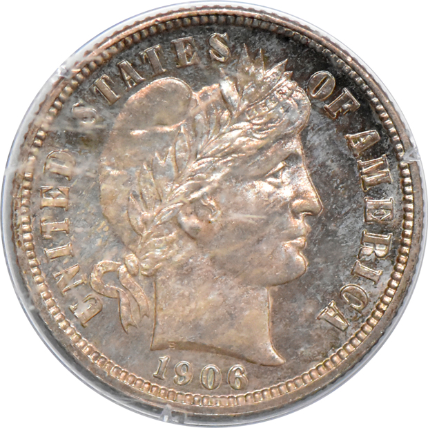 1906 Barber dime PR-65 (rattler), and a 1914-S Barber quarter VF-25, both PCGS