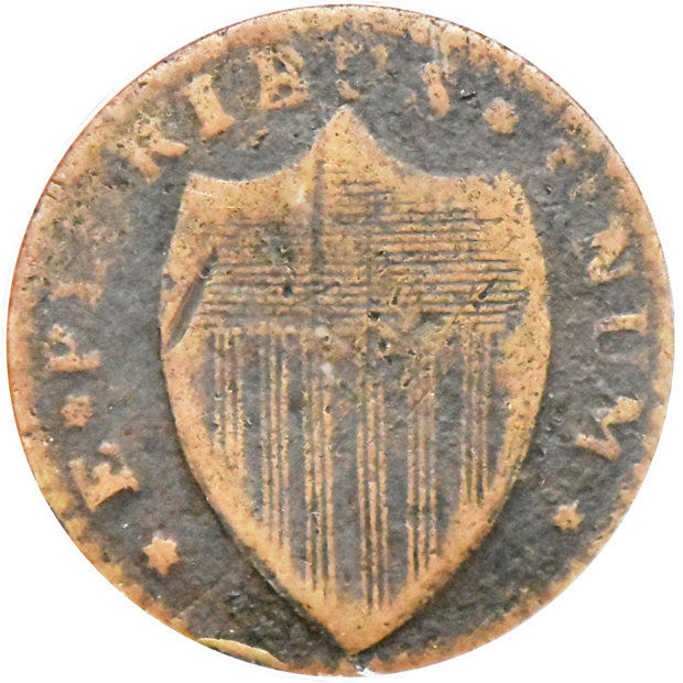 1787 New Jersey Outlined Shield VF-25, and a 1787 New Jersey Small Plan Plain F-12, both PCGS