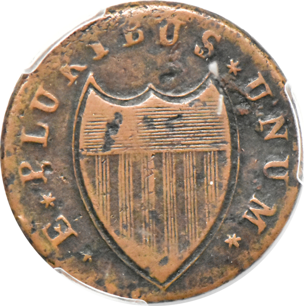 1787 New Jersey Outlined Shield VF-25, and a 1787 New Jersey Small Plan Plain F-12, both PCGS