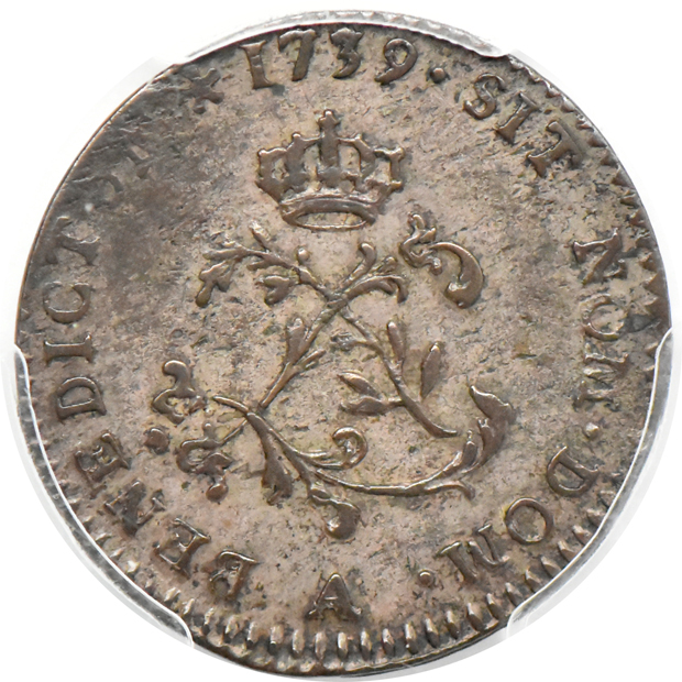 1721-H French Colonies 9 deniers F-12, and a 1739-A French Colonies Sou Marque XF-45, both PCGS