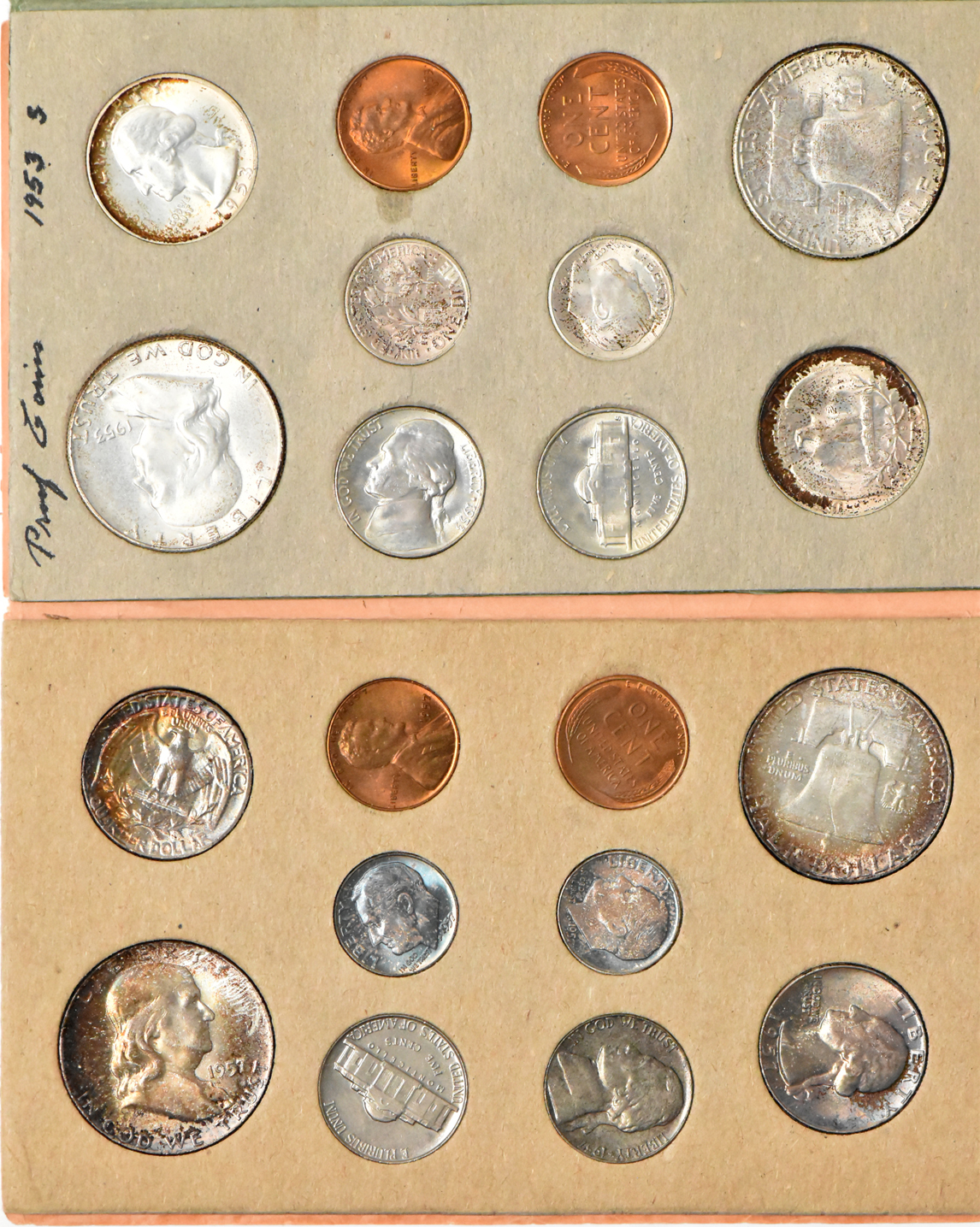 1953 Mint Set, 1957 Mint Set, and a 1960 Mint Set with a Clipped Planchet 1960-P half dollar