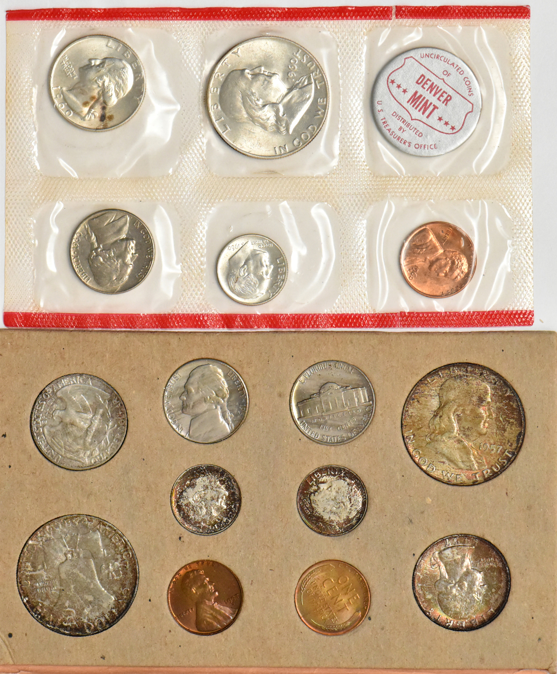1953 Mint Set, 1957 Mint Set, and a 1960 Mint Set with a Clipped Planchet 1960-P half dollar