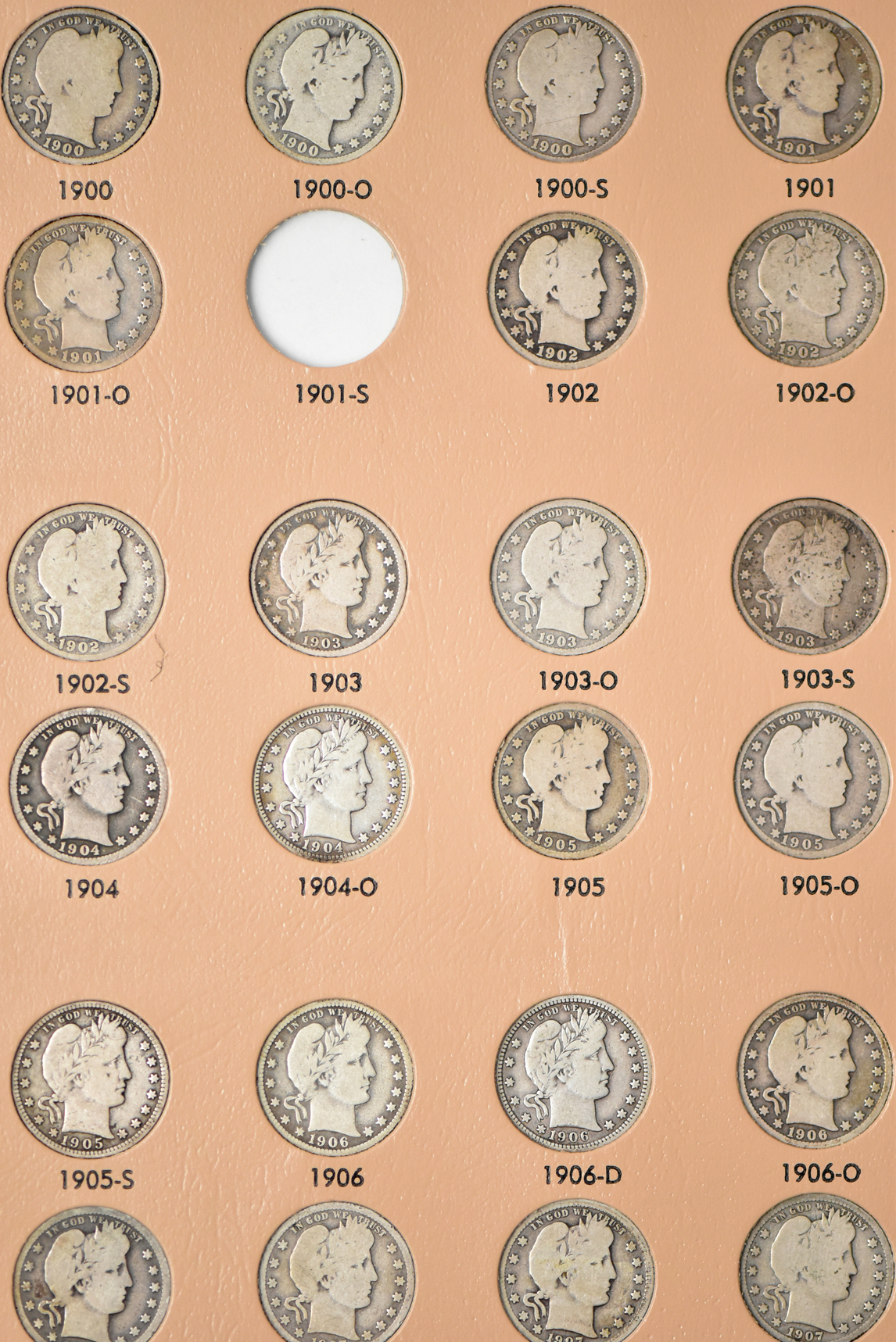 Collection of Barber quarters in a Dansco 7130 album