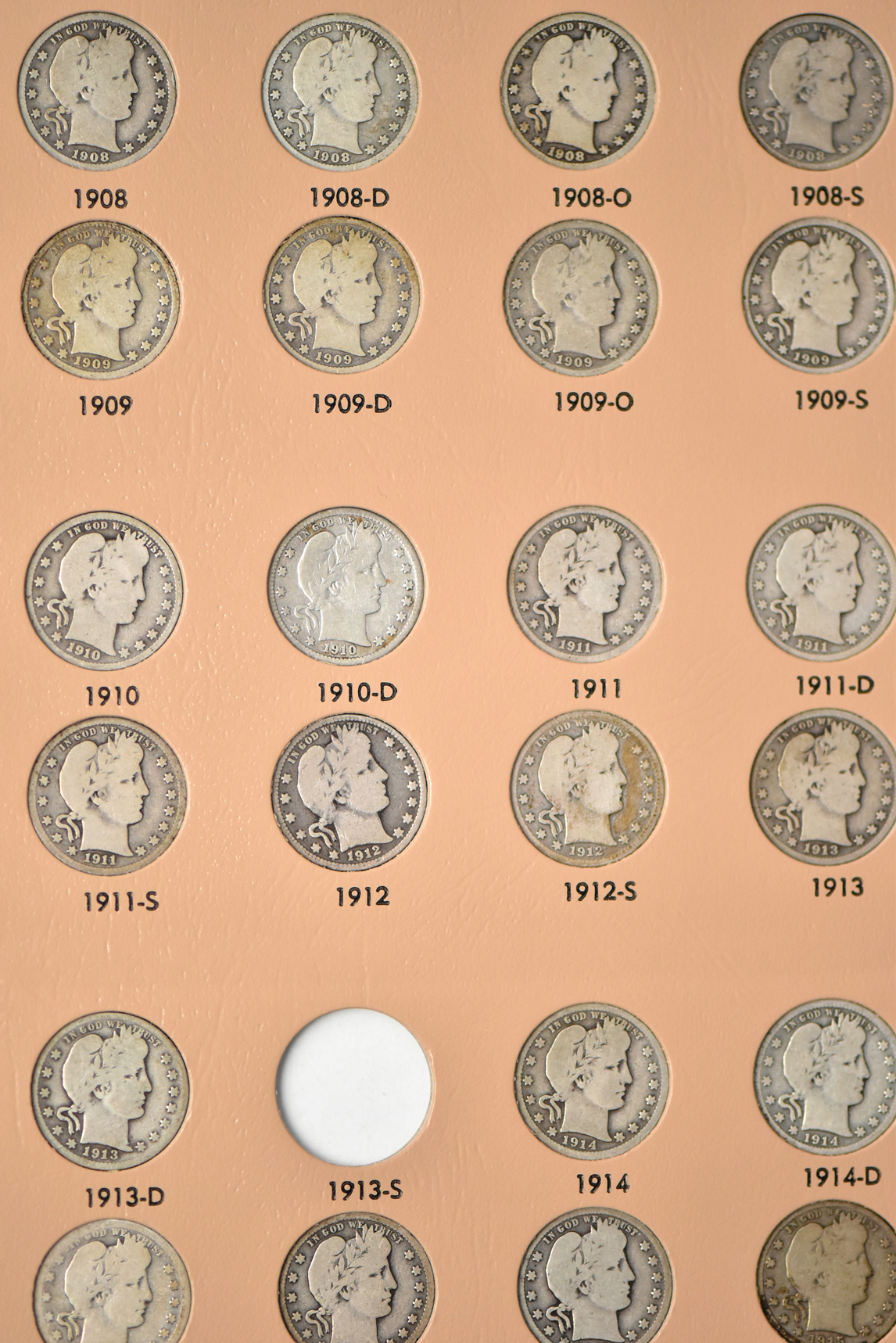 Collection of Barber quarters in a Dansco 7130 album