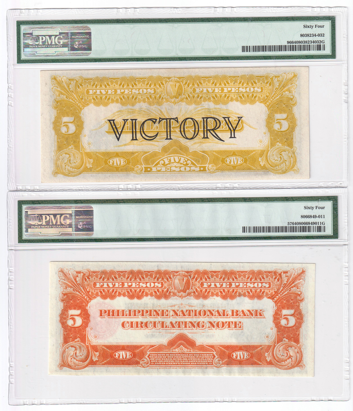 Philippines - 1937 5 pesos Pick# 57, and a (1944) 5 pesos Victory Series Pick# 96, both PCGS ChCU-64
