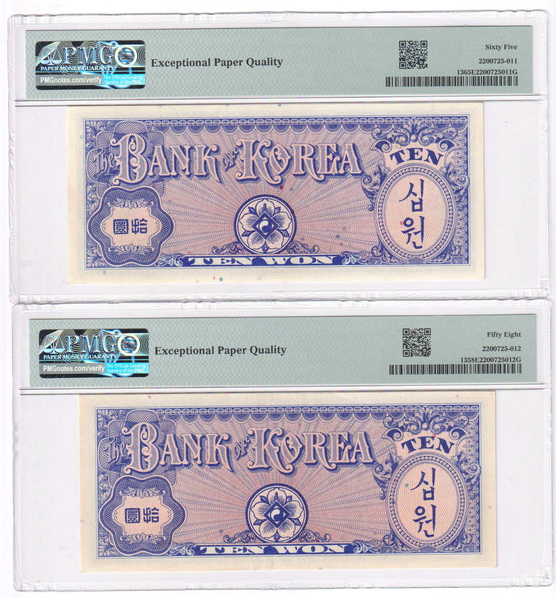 South Korea - 1950 1000 won Pick# 3 ChCU-64 EPQ, (1953) 10 won Pick# 13 AU-58 EPQ, and a (1953) 10 won Pick# 13 GemCU-65 EPQ, all PMG