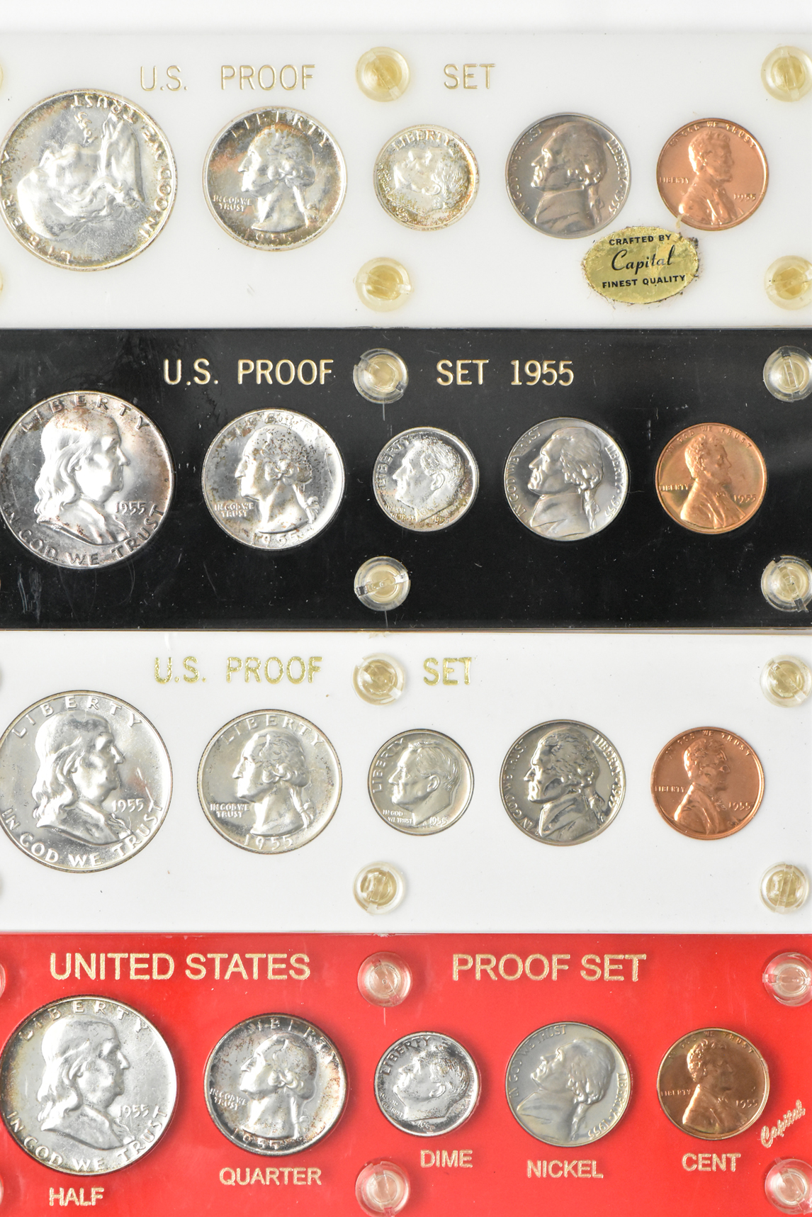 Eight 1955 Proof Sets in Capital Plastics holders